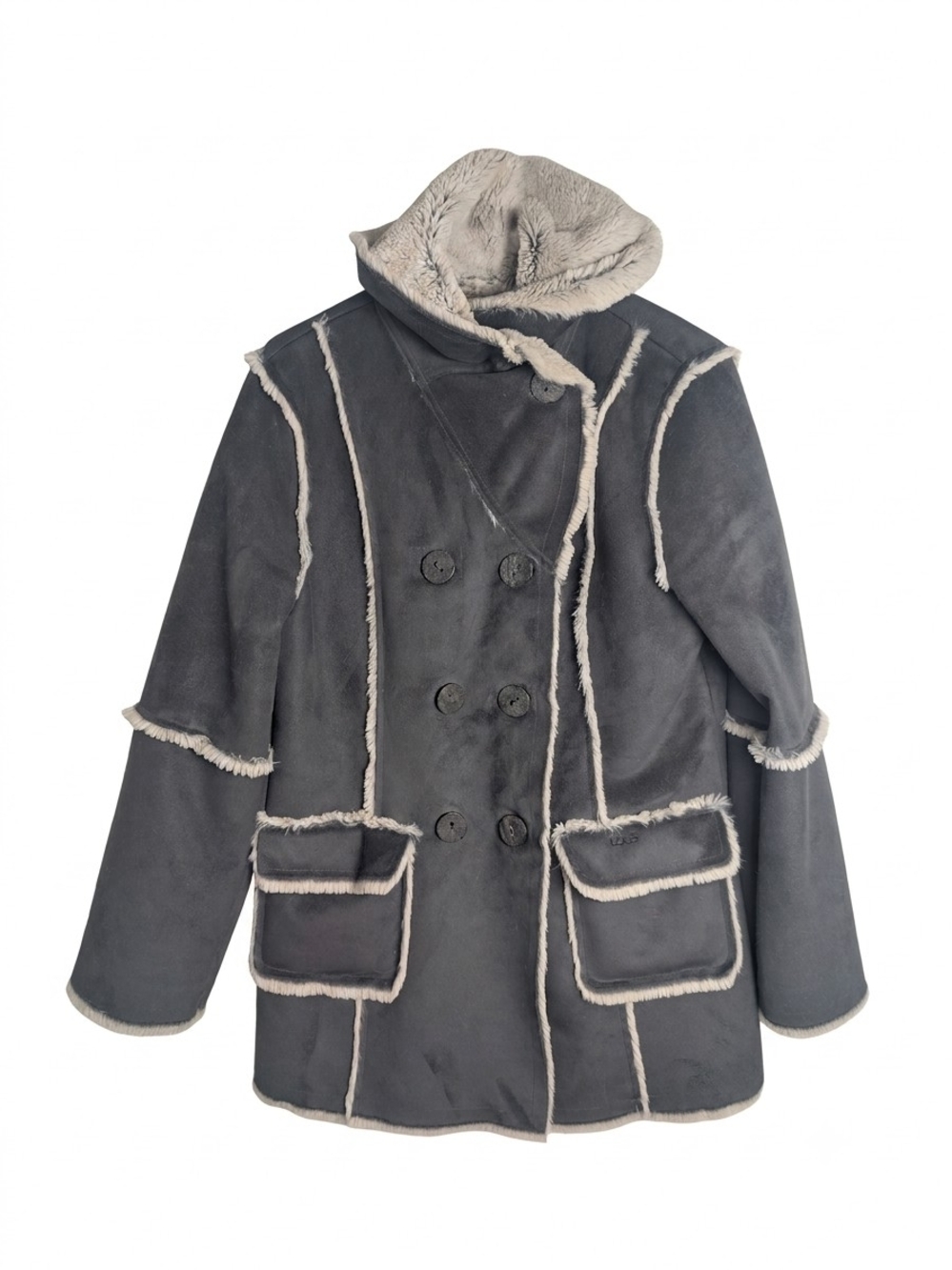 Lole Womens Faux Shearling Jacket Grey Suede Sherpa Lined Double Breasted Coat L